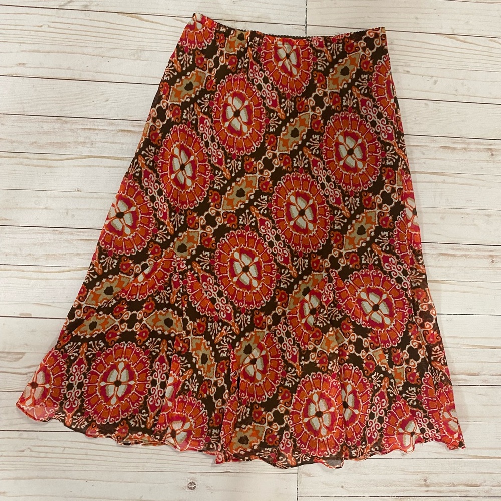 Vintage Y2k midi skirt paisley medallion coral tan orange medium